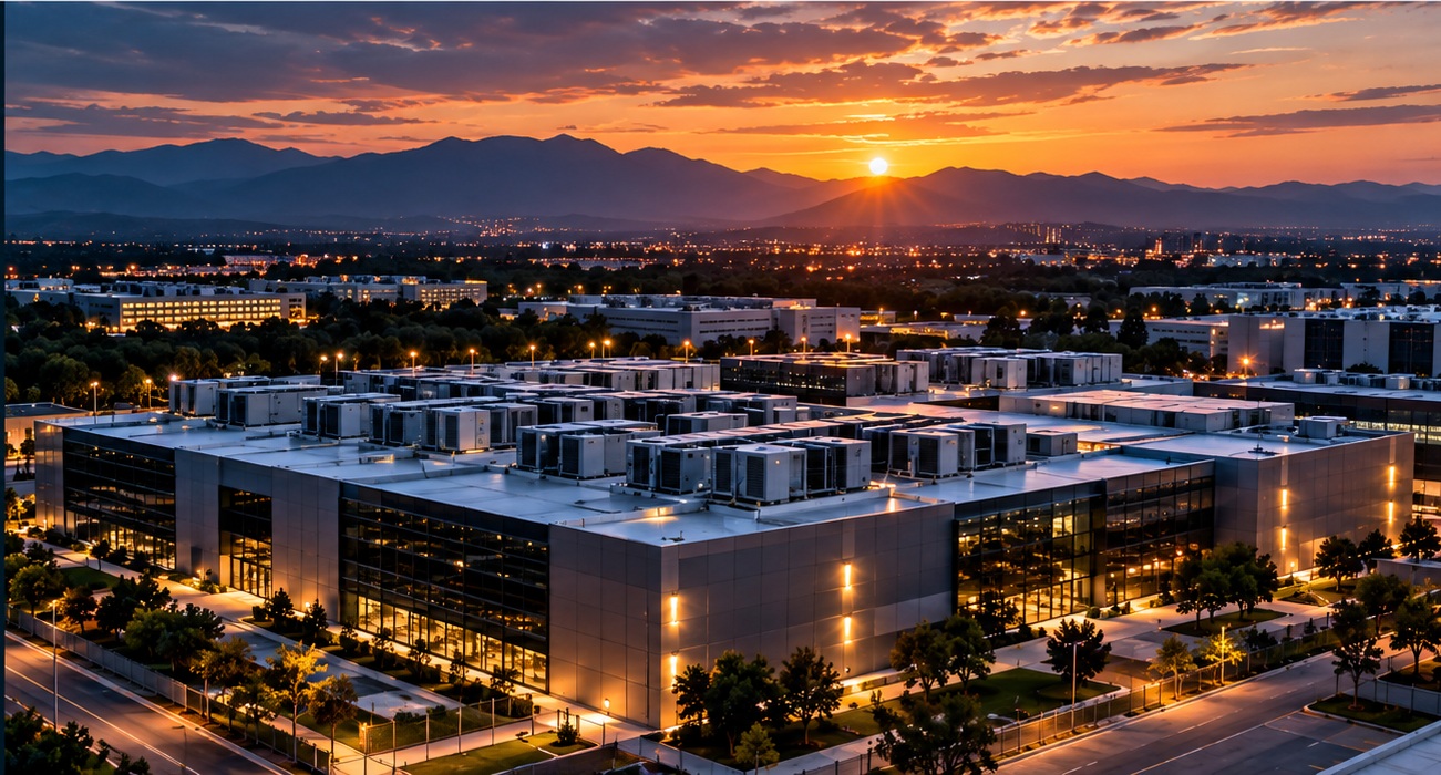 Modern city skyline and data infrastructure at dusk